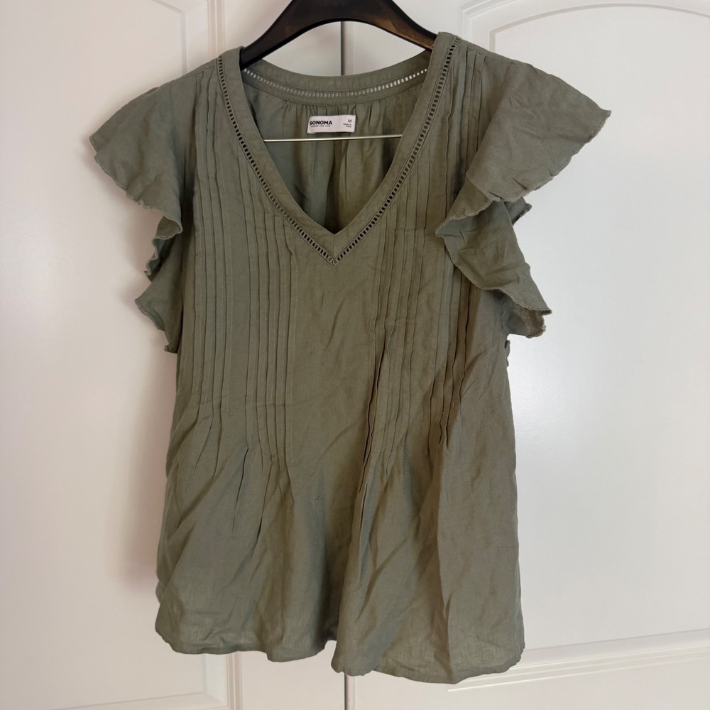 Sonoma Goods For Life Olive Green Flutter Sleeve Pintuck V-Neck Blouse Womens M